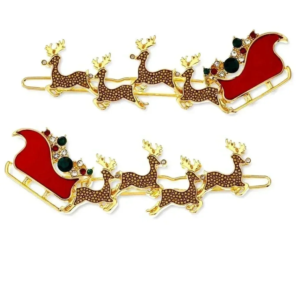 Crystal Reindeer & Sleigh Gold Tone Hair Barrette Set NWT